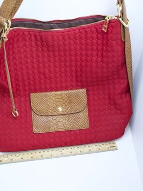 Quilted Red Shoulder Tote with Tan Accents